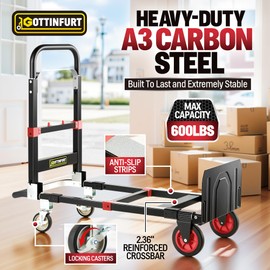 Upgraded Version 3 in 1 Convertible Hand Truck Dolly, 600 Lbs Capacity Heavy Duty Dolly Cart, Foldable Hand Truck with Brake Wheels, Anti-Slip Strip & 2 Elastic Ropes for Office Home Warehouse