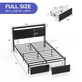Zevemomo Full Size Bed Frame with 2 Storage Drawers, Bed Frame Full Size with Headboard, LED Light, Charging Station with 2 USB Ports & 2 AC Ports, No Noise, Black