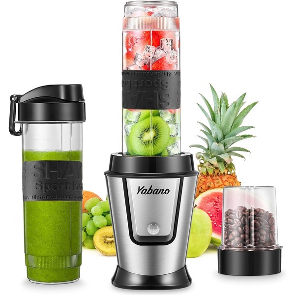 Personal Blender with 2 x 20oz Travel Bottle and Coffee/Spices Jar, Portable Smoothie Blender and Coffee Grinder in One, 500W Single Serve Blender for Shakes and Smoothies, BPA free(Black)