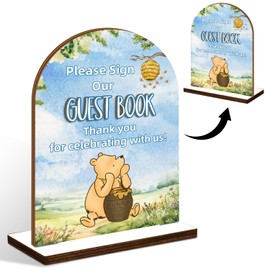 Classic Pooh 3D Please Sign Our Guest Book Sign, Wooden Guestbook Sign for Baby Shower, Blue Wedding Guest Book Sign with Stand, Babay Wedding Shower Favor Table Sign