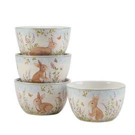 Easter Meadow Set of 4 Ice Cream Bowls, Set of 4, 24oz ceramic bowls with cute bunny, wildflower, and butterfly designs. Microwave and dishwasher safe for easy cleaning.