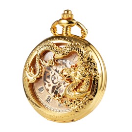 TREEWETO Mens Antique Skeleton Mechanical Golden Pocket Watch Dragon Hollow Hunter with Chain and Box