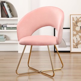 Furnimart Modern Stylish Upholstered Velvet Accent Papasan Chair, Curved Mid-Back Vanity Chair Leisure Lounge Arm Chairs with Gold Plating Legs for Bedroom Living Room Dining Room (Pink)