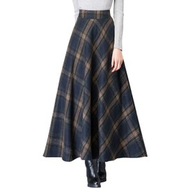 ebossy Women's Vintage High Waist Wool Blend Plaid A-Line Long Maxi Skirt with Pocket (X-Large, Plaid Blue)