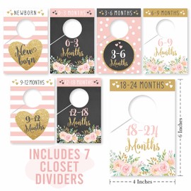 Hadley Designs 7 Pink Gold Baby Nursery Closet Organizer Dividers For Girl Clothing Floral Age Size Hanger Organization For Kid Toddler Infant Newborn Clothes Must Have Shower Registry Gift Supplies 0-24 Months