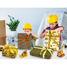 ZINTBIAL Construction Vehicle Wrapping Paper for Kids Birthday - Excavators, Bulldozers, Dump Trucks and Happy Birthday Words Designs - 20 x 29 Inches, 8 Folded Sheets, Easy to Store…
