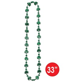Beistle Supplies Plastic Novelty Shamrock Beaded Necklace for Happy St Patrick’s Day Party Favors, 33", Green