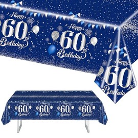 MORAINJAY Birthday Tablecloth for 60,Navy Blue Silver Table Cloth for 60th Birthday Party,137x274cm Table Cover,Rectangular Waterproof Tablecloth for Men,Women, Birthday Party Supplies Table Decor