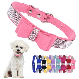 Hotlion Bow Tie Rhinestone Dog Collar Cute Sparkling Crystal Diamond Puppy Kitten Pet Cat Collar for Small Dogs Boys Girls Pink M