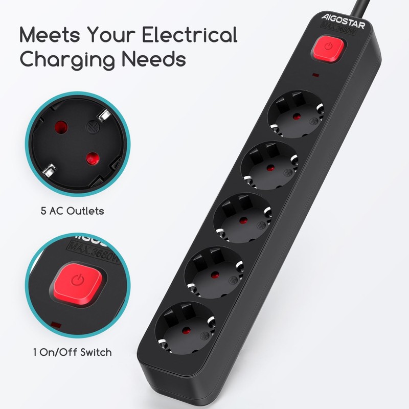 Aigostar 5-Way Power Strip with Switch, Multiple Socket with Child