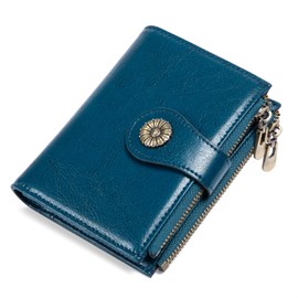 VEESKYEE Small Wallets for Women Leather Bifold Credit Card Holder RFID Blocking Womens Wallet with Double Zipper Pocket Blue