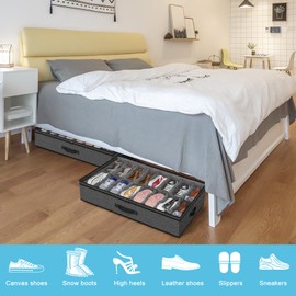 Under Bed Shoe Storage Organizer for Closet, Fits 32 Pairs Underbed Shoes Box Storage Containers Under the Bed Storage Foldable with Sturdy Handles&Clear Window for College Dorms Grey, Set of 2