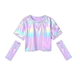 Sequin Shirt Girls Girls' Shiny Metallic Crop Top Light Purple with Arm Sleeves Dancing Girls Tops Size 10-12