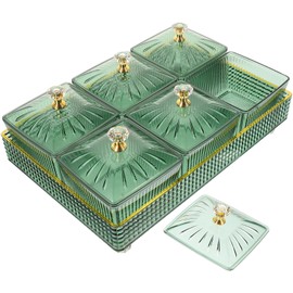 Cabilock 1 Set Of Green Candy Dishes - Divided Serving Tray with Lid, Portable Snackle Box Charcuterie Container,6 Compartments Snack Containers Small Bowls Condiment Trays Nut Serving Set