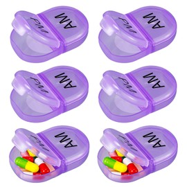 6 Pack Pill Organizer Pocket Small Case Holder Am Pm Pill Case Portable Two Compartment Round Travel 2 Times a Day for Vitamin Medication Supplement(Purple)