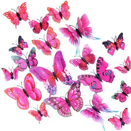 CL-Link 24 calcomanías de pared de mariposa 3D fucsia de doble capa mariposas calcomanías de pared extraíbles decoración de mariposa para el hogar recámara habitación de los niños