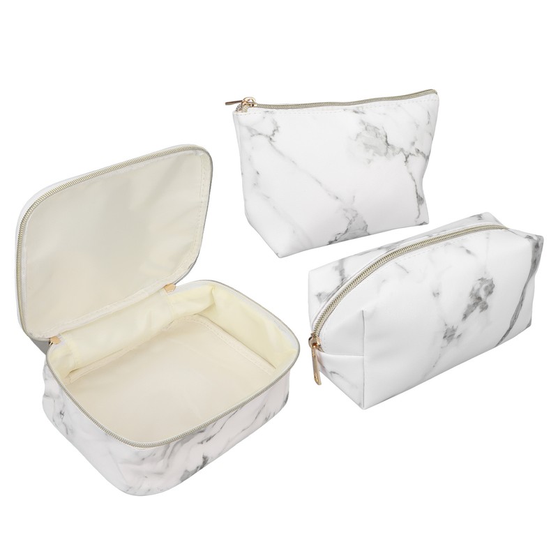 3Pcs Women Cosmetic Bag Marble Print Makeup Case Storage Handbag