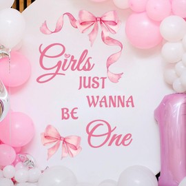 BOXOB Girls Just Wanna Be One Wall Decal, Pink Bow First Birthday Decorations Elegant First Birthday Wall Stickers Backdrop for Party Decoration Supply