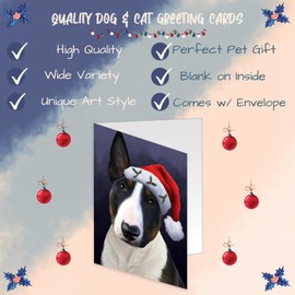 Doggie of the Day Santa Hat Bull Terrier Dog Note Cards - Adorable Pets Invitation Cards with Envelopes - Pet Artwork Christmas Note Cards (1 Note Card)