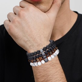 MOROTOLE Mens Beaded Bracelet Tiger Eye 8MM Natural Stone Beads Bracelet Set Adjustable Stretch Lava Rock Bracelets for Men Black Crystal Beaded Bracelets for Men Father Boyfriend Brother Gifts