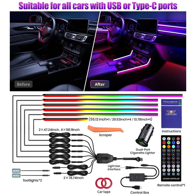 KENANEK 55.12inch Acrylic LED Lights for Car–6 Dreamcolor Interior Car