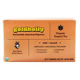 Goldholly Organic Yaupon Tea Bags - Red Wolf Dark Roast, 20 Count | American Organic Tea for Clean No-Jitter Energy & Focus | Caffeine & Theacrine, Smoother than Classic Teas | Gold Holly Yaupon