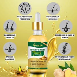 VedoAID Ginger Oil for Hair Growth - Biotin Hair Growth Serum, 100% Pure Natural Ginger Essential Oil - Promotes Stronger, Thicker, Longer Hair in Women & Men (5pc, Ginger (Upgraded Version))