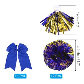 PATIKIL Cheerleading Pom Poms, Pack of 2 Cheerleader Cheer Poms with Finger Holes and Large Cheerleader Hair Bow for Sports, Dance, Party and Team Spirit (Blue, Gold)