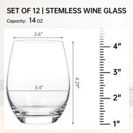 UMI UMIZILI Stemless Wine Glass Set of 12, 14OZ Wine GLass for White Red Wine, Classic Shape Wine Glass with Smooth Rim, Crystal Clear