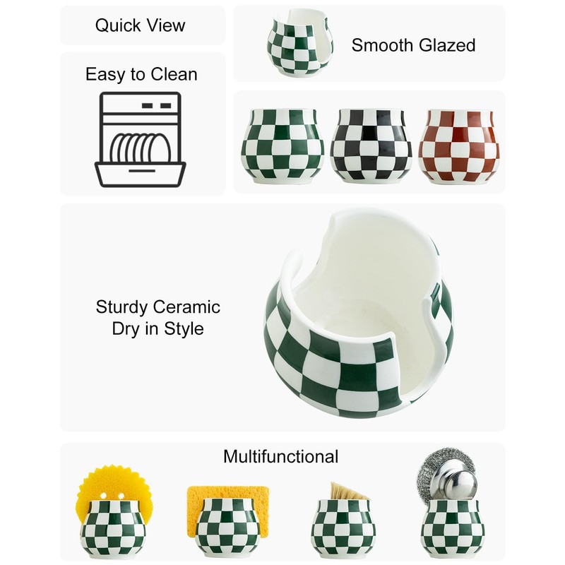 Zoeeker Kitchen Sponge Holder, Ceramic Sponge Organizer Checkered Scrubby Holder