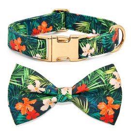 Summer Dog Collars with Bow Tie, Floral Tropical Leaf Bowtie Accessory for Dogs, Gold Metal Accessories Collars for Small Medium Large Dogs, L (15" -24")