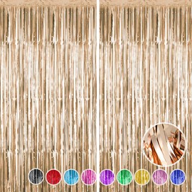 2Pcs Champagne Foil Fringe Curtain - HADEEONG 3.28ft x 6.56ft Metallic Tinsel Backdrop Door Curtains Photo Booth Backdrop for Wedding Birthday Bridal Shower Baby Shower Bachelorette Party Decorations