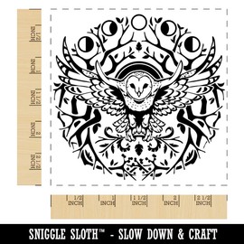 Intricate Barn Owl with Wreath of Branches and Moon Phases Square Rubber Stamp for Stamping Crafting - 2.75in Large