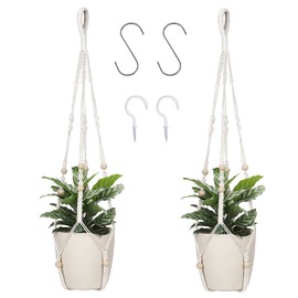 Macrame Plant Hanger Indoor Hanging with Wood Beads Macrame Planters No Tassel for Indoor Outdoor Boho Home Decor 35 Inch (Ivory,2pcs)