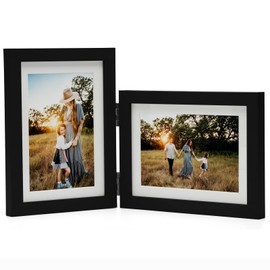 Janreefan Double Vertical & Horizontal Picture Frames Hinged Folding Photo Frames Poster Frames in Black Made of Pine Wood with Real Glass for Wall Hanging or Tabletop Standing, Display Pictures 4x6