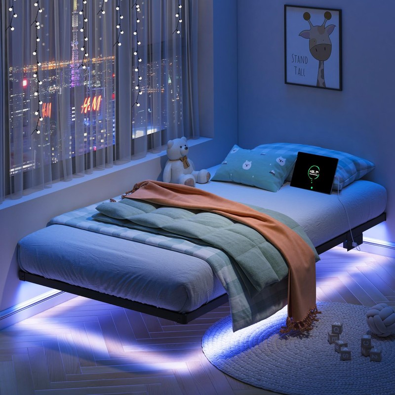 HAVONIZD Floating Bed Frame Twin with LED Lights and Charging
