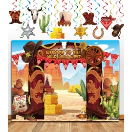 TMCCE 22 PCS Western Cowboy Party Decoration - Wild West Photography Backdrop and Theme Hanging Swirls Foil Swirls