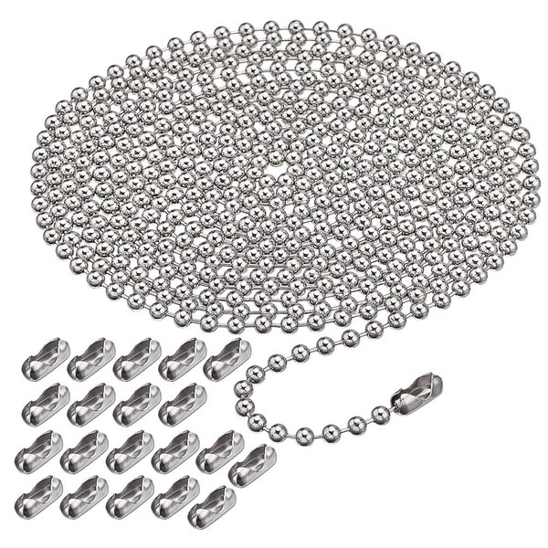 16.4 Feet Ball Bead Chain, Metal Roller Blind Beaded Pull Chain Extension with Connector Beaded Ball Roller Chain Keychain with 20 Matching Connectors (4.5 mm, Silver）