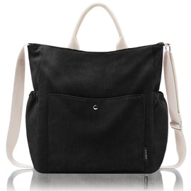 Prite Corduroy Tote Bag for Women Cute Hobo Messenger Purse with Pockets and Adjustable Shoulder Strap for College Office Travel Work Shopping(Black)