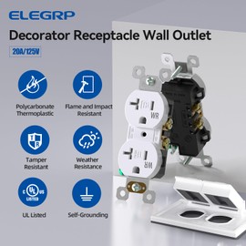ELEGRP Duplex Receptacle with Outdoor Outlet Cover, 20A 125V Standard Electrical Wall Outlet, TR Tamper Resistant & WR Weather Resistant, Self-Grounding, UL Listed, Glossy White, 2 Pack