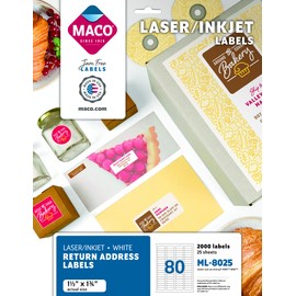 MACO Laser/Ink Jet White Return Address Labels, 1/2 x 1-3/4 Inches, 80 Per Sheet, 2000 Per Pack (ML-8025)