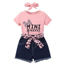 HSOXLQF Kids Toddler Girls Summer Clothes Leopard Butterfly Print T-Shirt + Belted Denim Jeans Shorts 3PCS Outfits(5-6T)