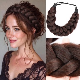 BOBIYA Afro Thick Yaki Straight Wide 2 Strands Synthetic Braided Headband Kinky Straight Plait Hair Band (Dark Burgundy Brown)