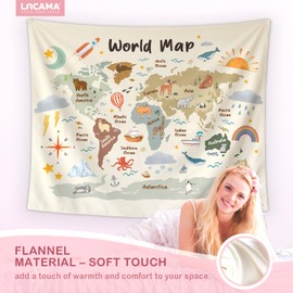 Lacama World Map Classroom Tapestry Wall Hanging for Kids, World Maps for Wall， Animal Continents Wildlife Educational Geography Learning Wall Blanket Decor for Toddler Nursery Playroom, 50x60inch