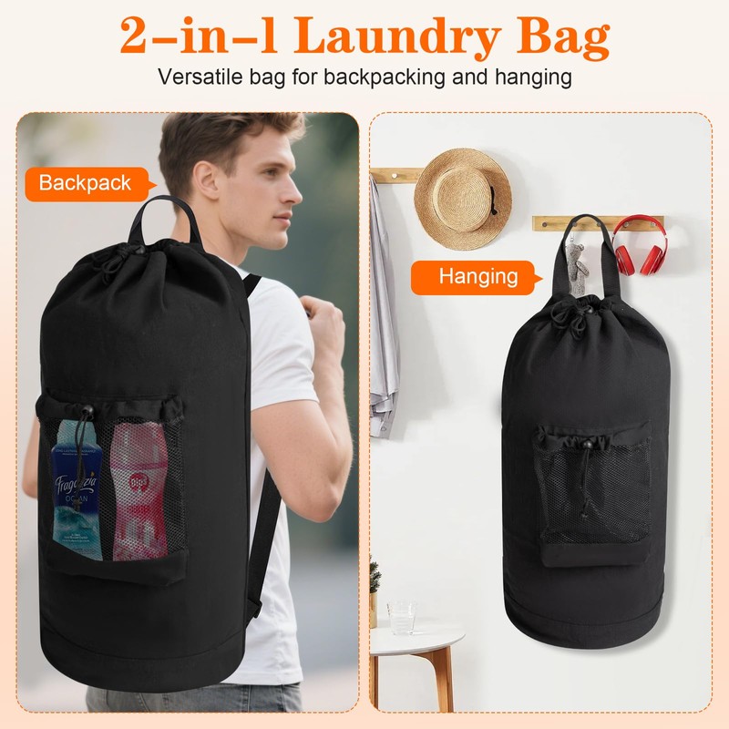 Canvas backpack laundry bag, laundry backpack with shoulder straps and