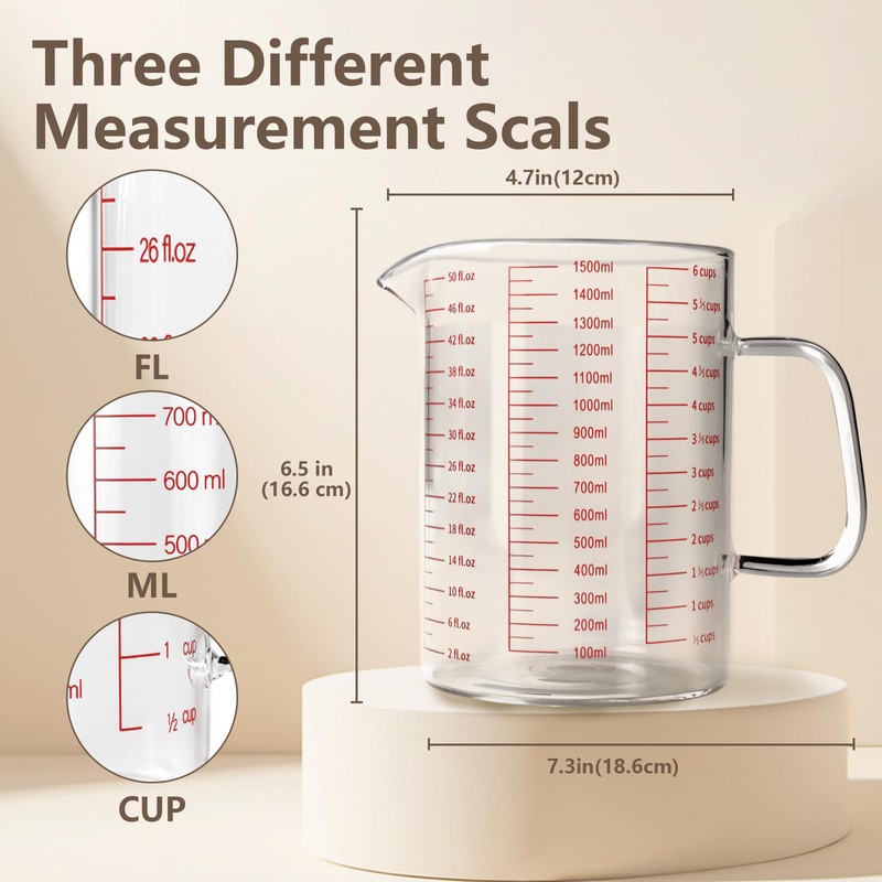 WhiteRhino Glass Measuring Cup,6Cup/1500ml/50oz Liquid Measuring Cups, Measuring Cup With