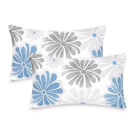 CaliTime Throw Pillow Covers Decorative 12 X 20 Inches Pack of 2 Cozy Fleece Two-Tone Blooming Flowers Decorative Cushion Cases for Couch Bed Sofa Farmhouse Decoration Blue Grey