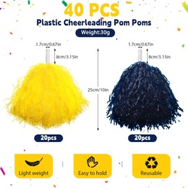 Daifunli 40 Pcs Cheerleading Pom Poms with Plastic Handles Cheerleader Squad Spirited Sports Dance Fun Foil Pompoms Hand Flowers for Adults Rooters Cheering Party(Yellow, Blue)