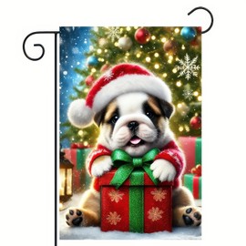 BlissYard Christmas Garden Flag Santa Hat Bulldog Dog Garden Flag 12x18 Double Sided for Outside Xmas Winter Holiday Decorative Flag Xmas Decorataion for Yard Lawn Banner