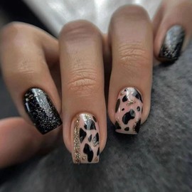 CJDLTS Press on Nails Short Square Leopard False Nails Gold Glitter Powder Design Short Nails Full Cover Artificial Nails Acrylic Coffin Nails Reusable Glue on Nails DIY Stick on Nails for Women 24Pcs